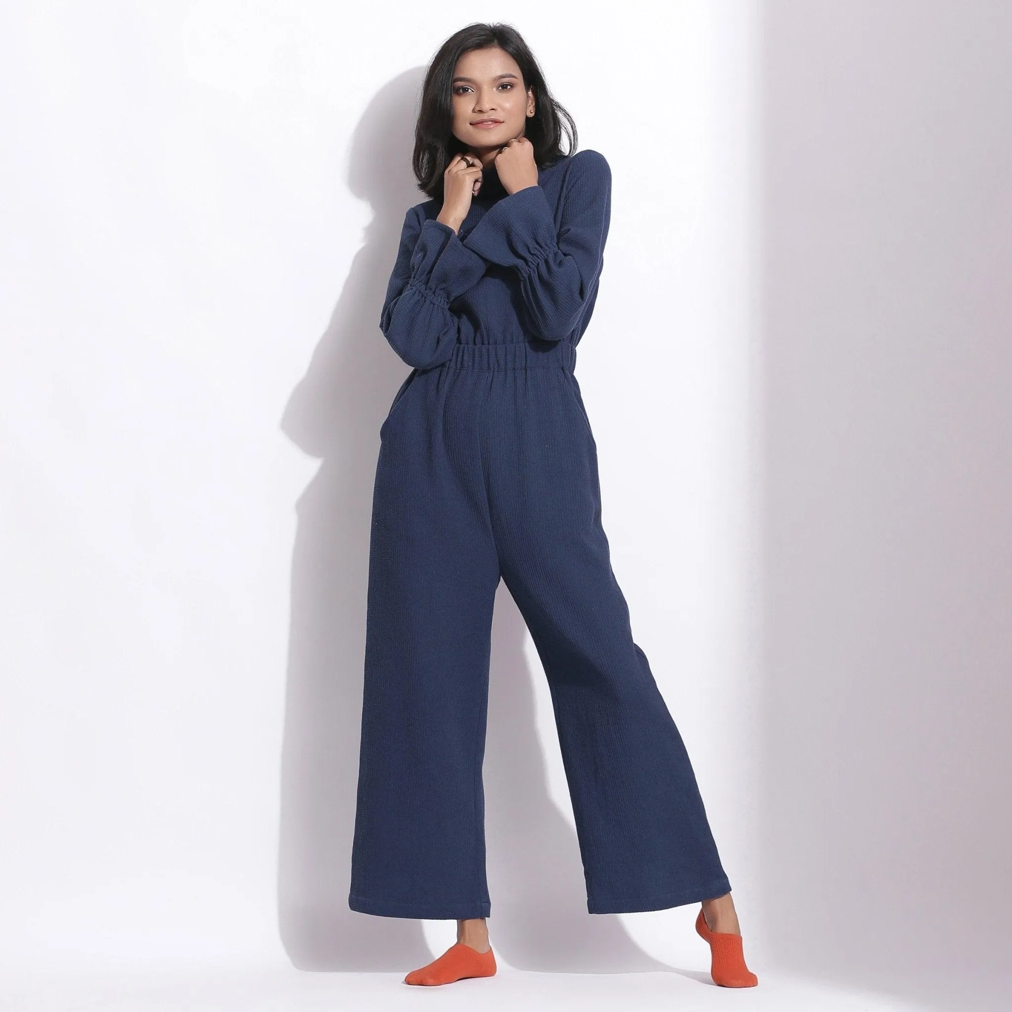 Navy Blue Warm Cotton Waffle Ankle Length Overall