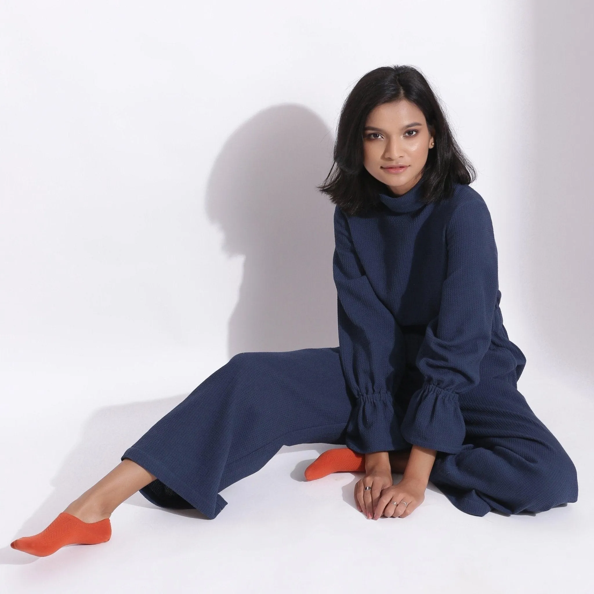 Navy Blue Warm Cotton Waffle Ankle Length Overall
