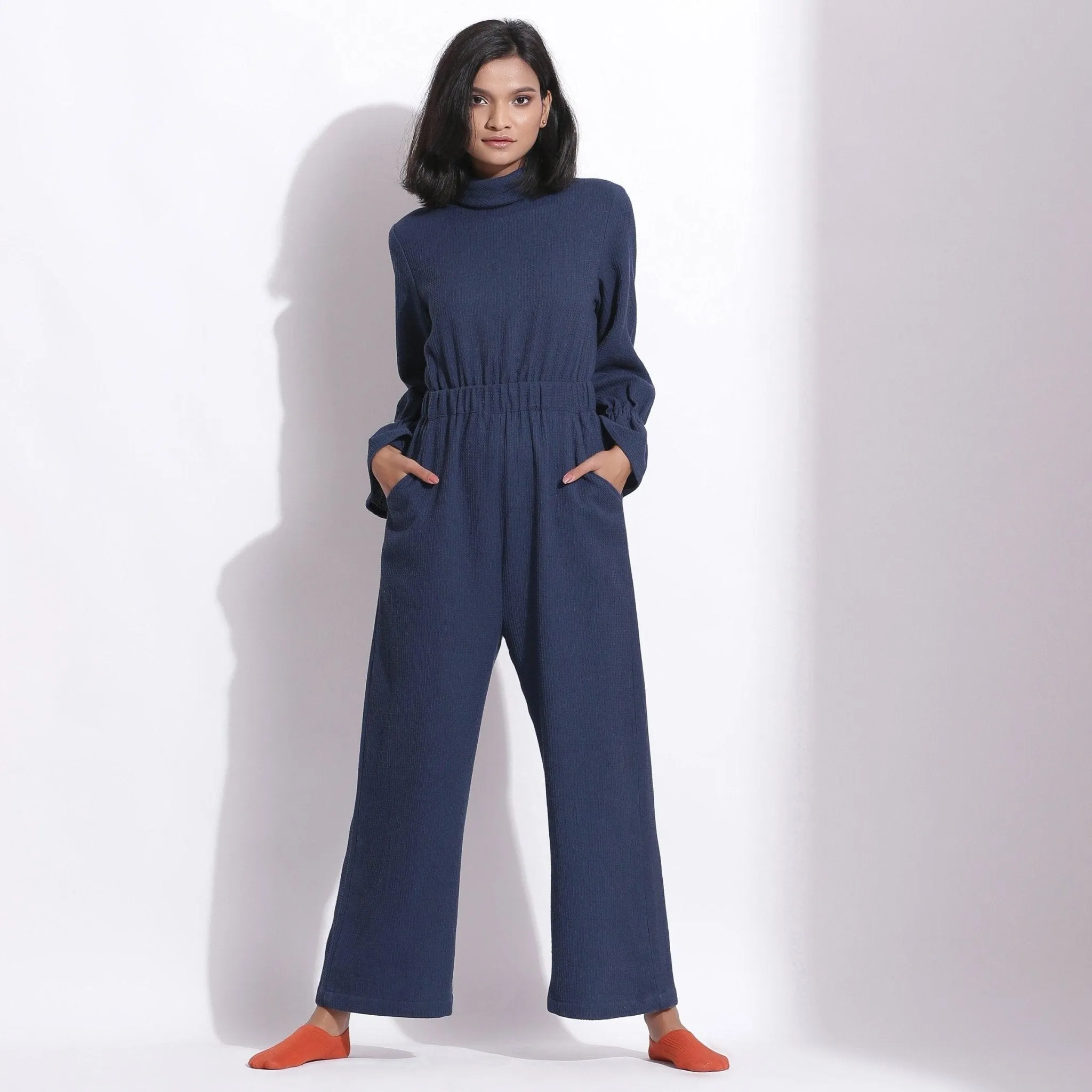 Navy Blue Warm Cotton Waffle Ankle Length Overall
