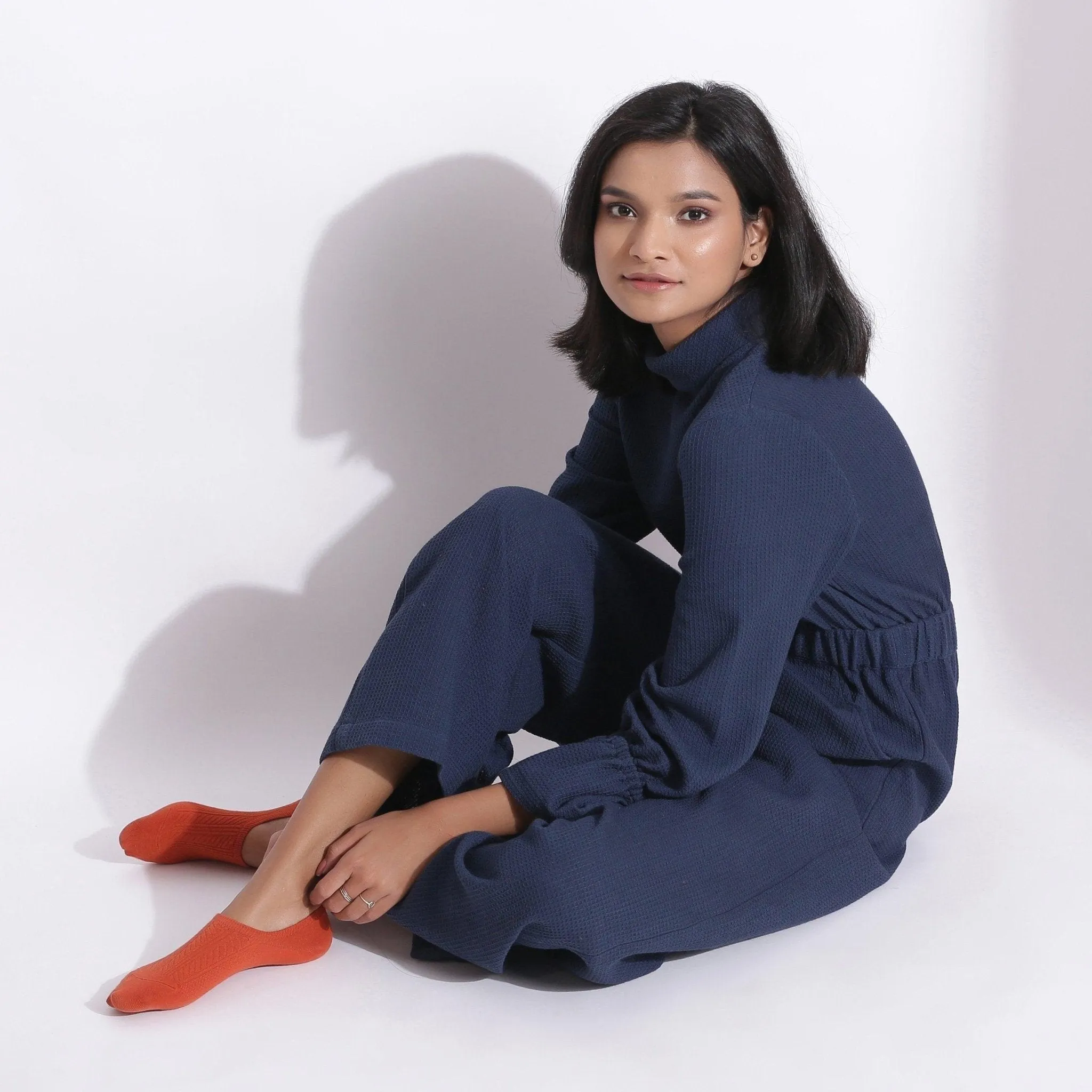 Navy Blue Warm Cotton Waffle Ankle Length Overall