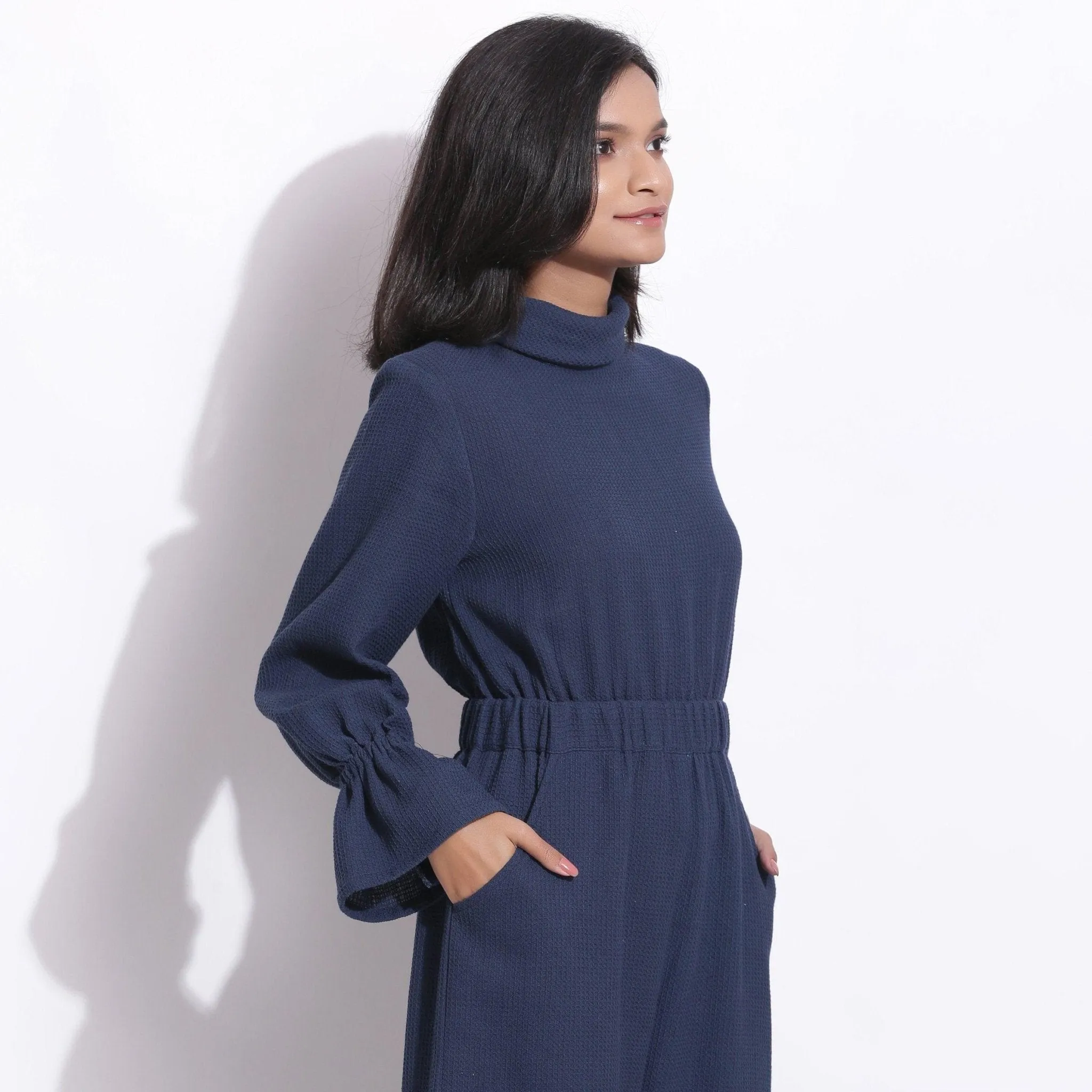 Navy Blue Warm Cotton Waffle Ankle Length Overall