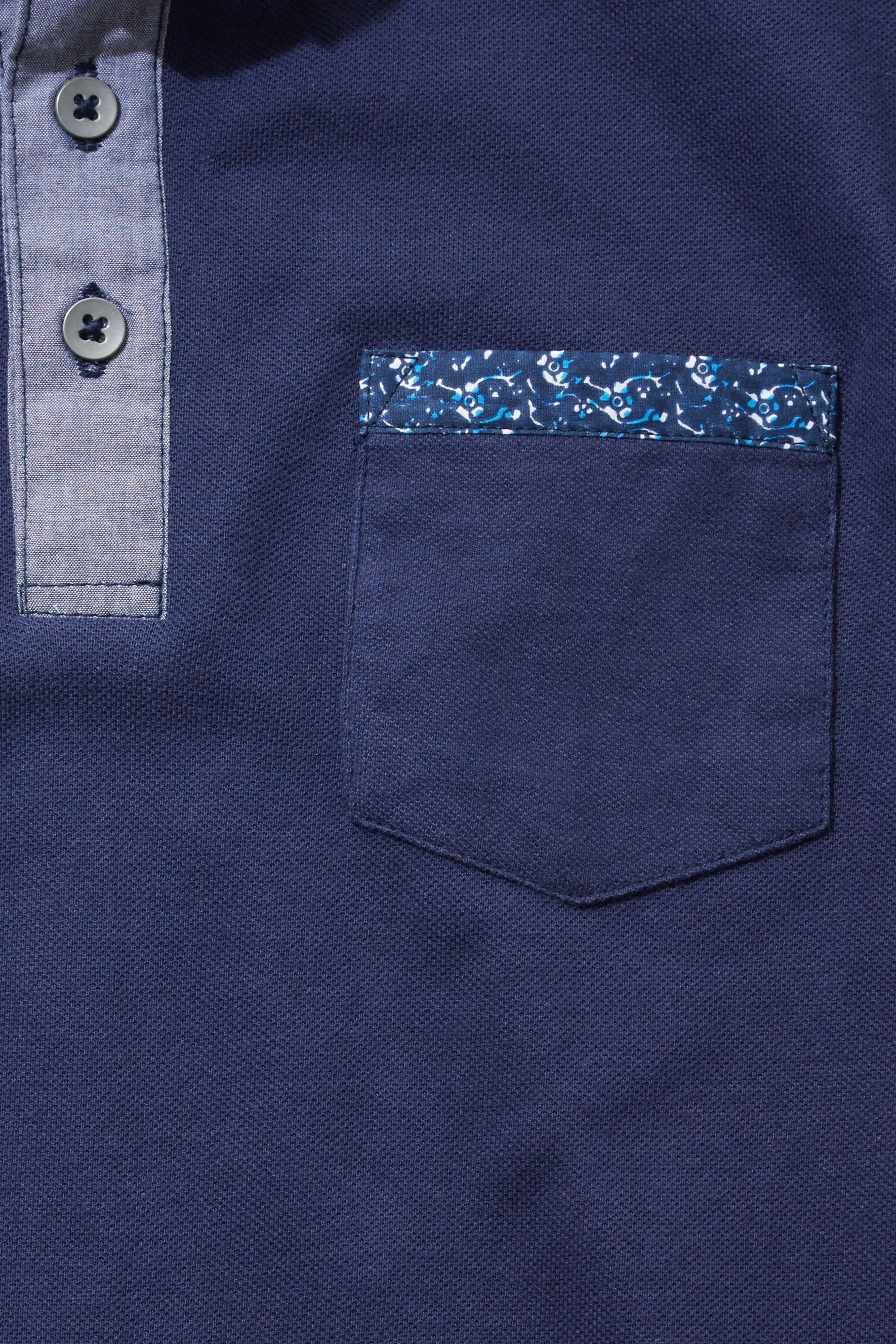 Navy Pique Polo with Chambray Placket and Collar