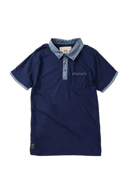 Navy Pique Polo with Chambray Placket and Collar