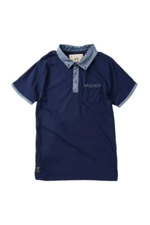 Navy Pique Polo with Chambray Placket and Collar