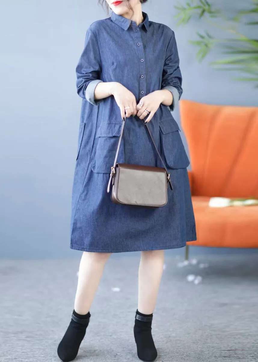 New Blue Peter Pan Collar Pockets Denim Shirts Dress Fall MN044