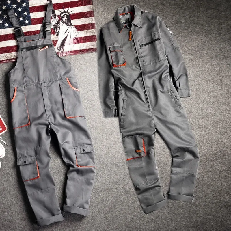 New Men's Long-Sleeves Overalls Dungarees Zipper Pocket Jumpsuit Rompers