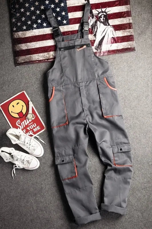 New Men's Long-Sleeves Overalls Dungarees Zipper Pocket Jumpsuit Rompers
