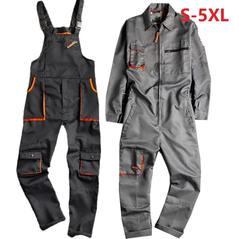 New Men's Long-Sleeves Overalls Dungarees Zipper Pocket Jumpsuit Rompers