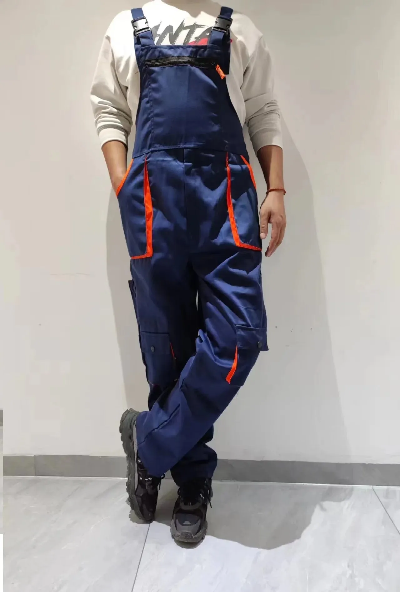 New Men's Long-Sleeves Overalls Dungarees Zipper Pocket Jumpsuit Rompers