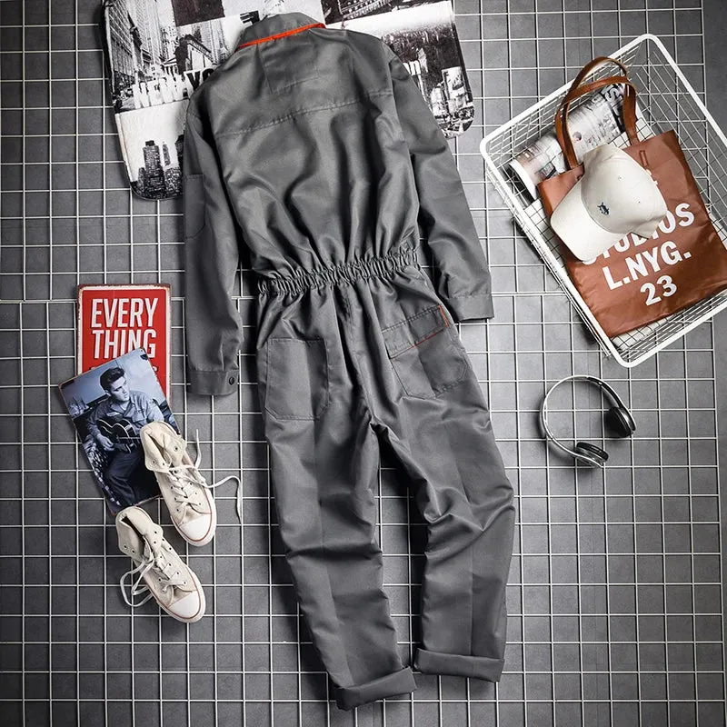 New Men's Long-Sleeves Overalls Dungarees Zipper Pocket Jumpsuit Rompers