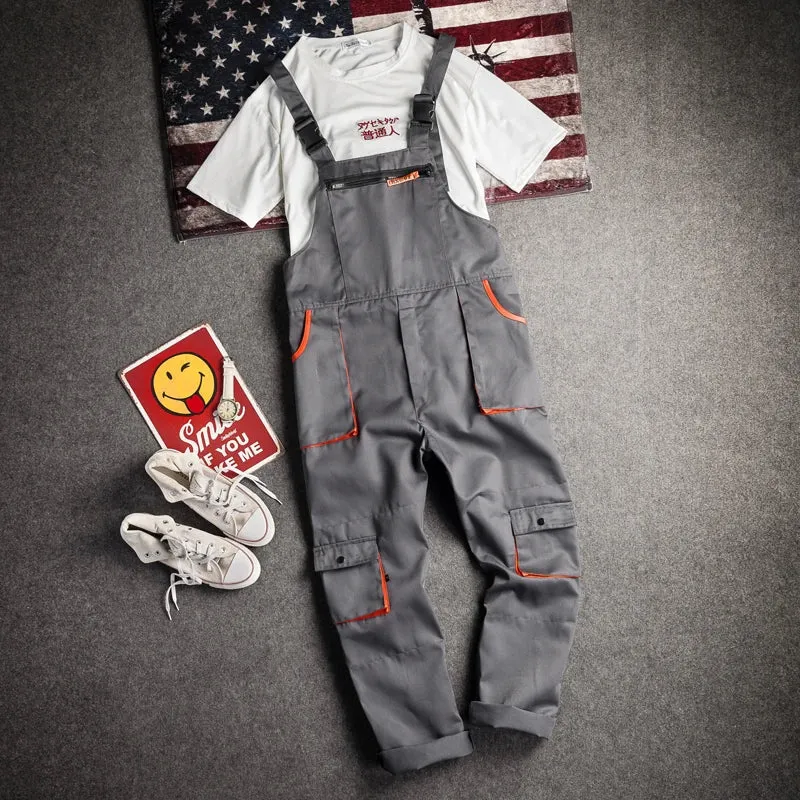 New Men's Long-Sleeves Overalls Dungarees Zipper Pocket Jumpsuit Rompers