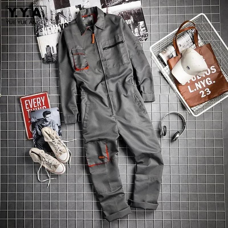 New Men's Long-Sleeves Overalls Dungarees Zipper Pocket Jumpsuit Rompers
