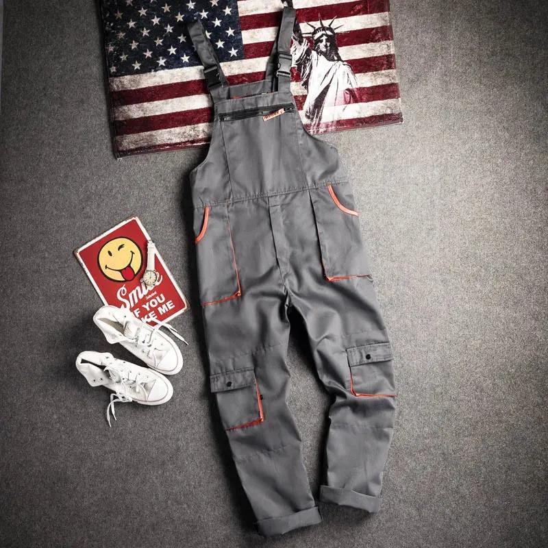 New Men's Long-Sleeves Overalls Dungarees Zipper Pocket Jumpsuit Rompers