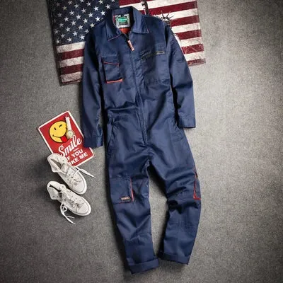 New Men's Long-Sleeves Overalls Dungarees Zipper Pocket Jumpsuit Rompers