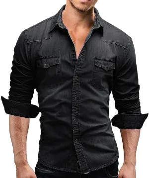 NEW Retails $45, Autumn Men Denim Shirt Mens Long Sleeve Soft Cotton Slim Jeans Shirts Cowboy Shirt, Black, Sz L