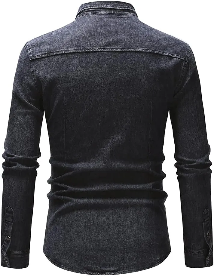NEW Retails $45, Autumn Men Denim Shirt Mens Long Sleeve Soft Cotton Slim Jeans Shirts Cowboy Shirt, Black, Sz L