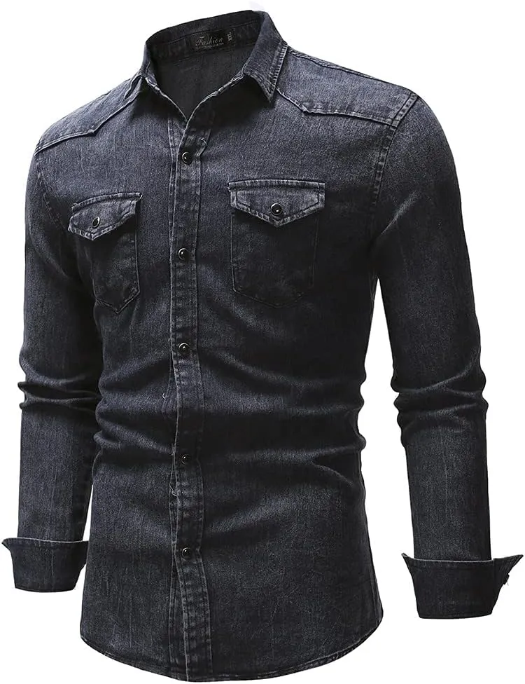 NEW Retails $45, Autumn Men Denim Shirt Mens Long Sleeve Soft Cotton Slim Jeans Shirts Cowboy Shirt, Black, Sz L