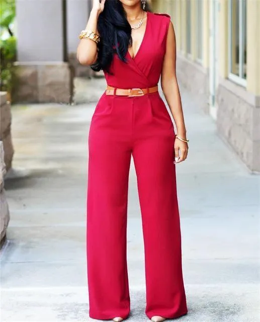 New Women Jumpsuit Lady Sleeveless Romper Bodysuit Bodycon High-waist V-neck Wide-leg Pants Irregular Suit With Belt Playsuit