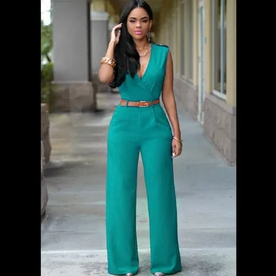 New Women Jumpsuit Lady Sleeveless Romper Bodysuit Bodycon High-waist V-neck Wide-leg Pants Irregular Suit With Belt Playsuit