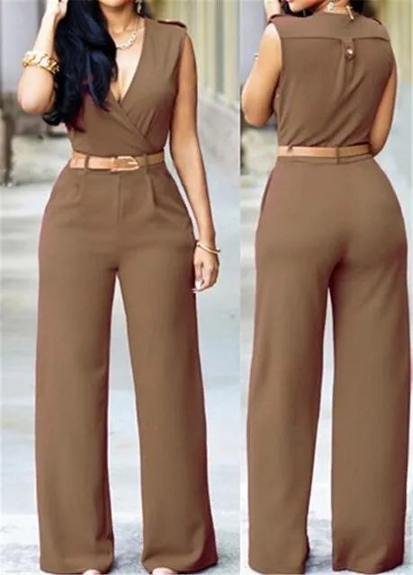 New Women Jumpsuit Lady Sleeveless Romper Bodysuit Bodycon High-waist V-neck Wide-leg Pants Irregular Suit With Belt Playsuit