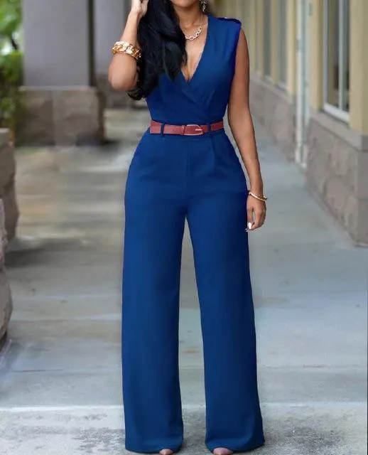 New Women Jumpsuit Lady Sleeveless Romper Bodysuit Bodycon High-waist V-neck Wide-leg Pants Irregular Suit With Belt Playsuit