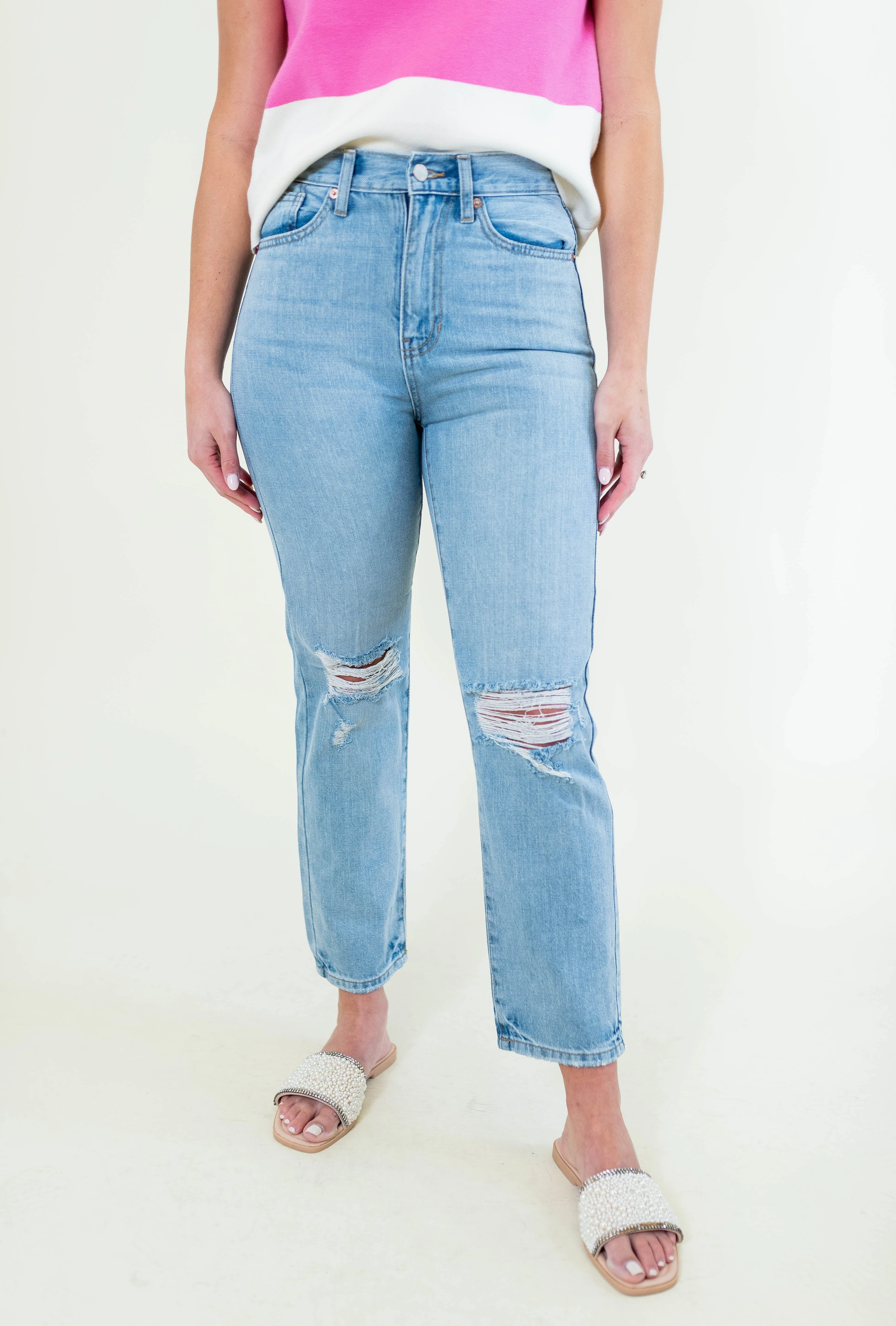 Non Stretch Distressed Straight Denim Jeans