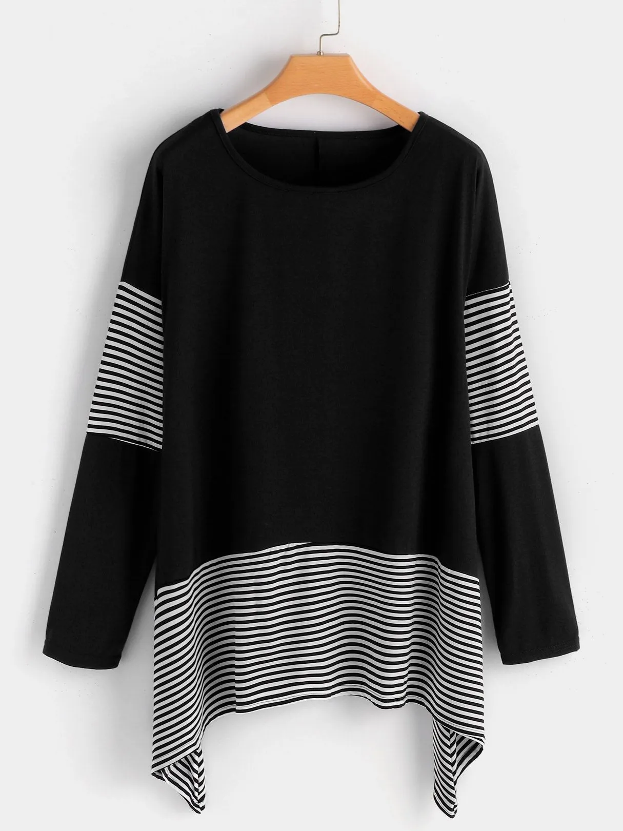 OEM ODM Crew Neck Stripe Long Sleeve Irregular Hem Black T-Shirts
