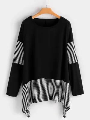 OEM ODM Crew Neck Stripe Long Sleeve Irregular Hem Black T-Shirts