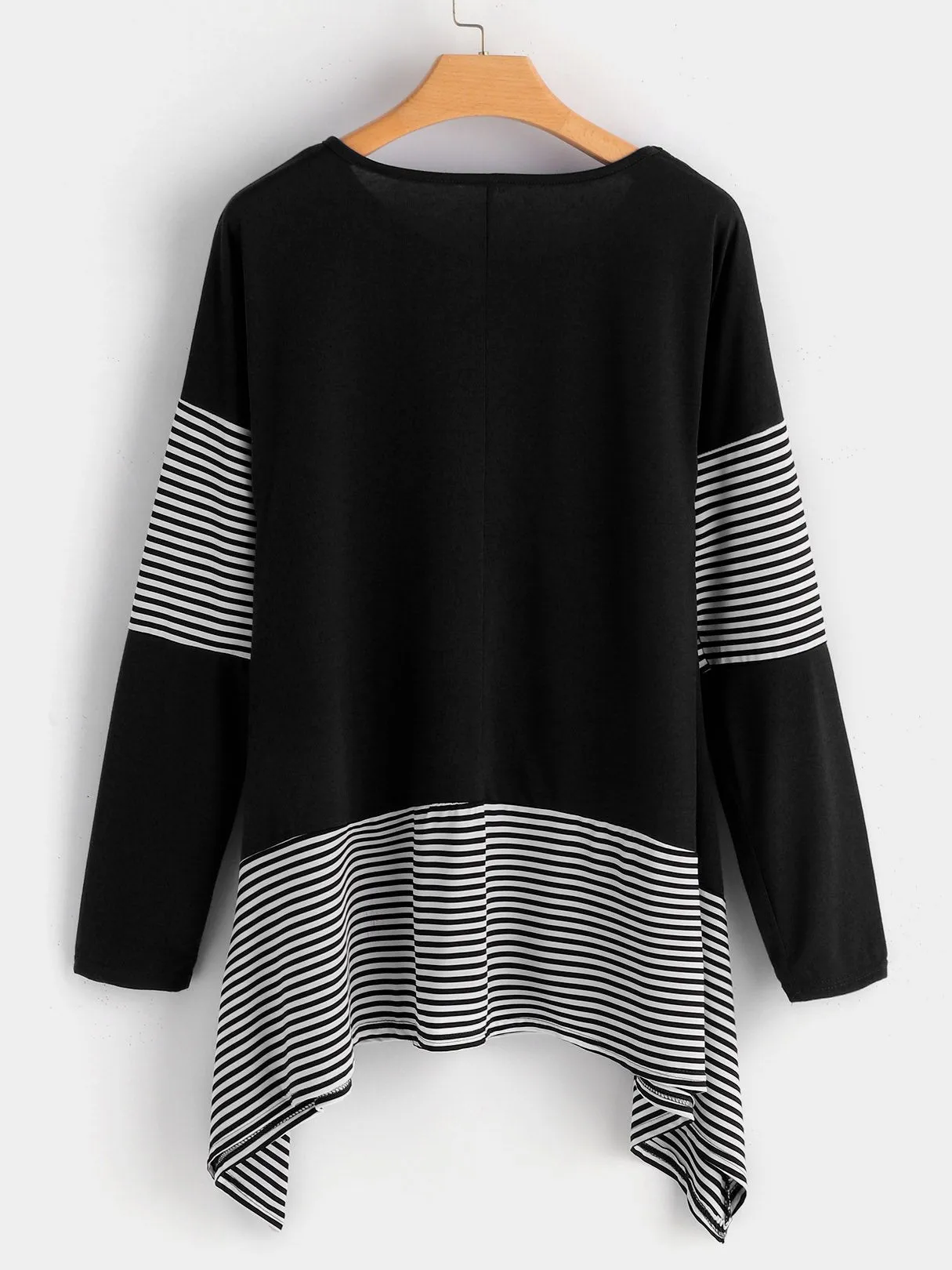 OEM ODM Crew Neck Stripe Long Sleeve Irregular Hem Black T-Shirts
