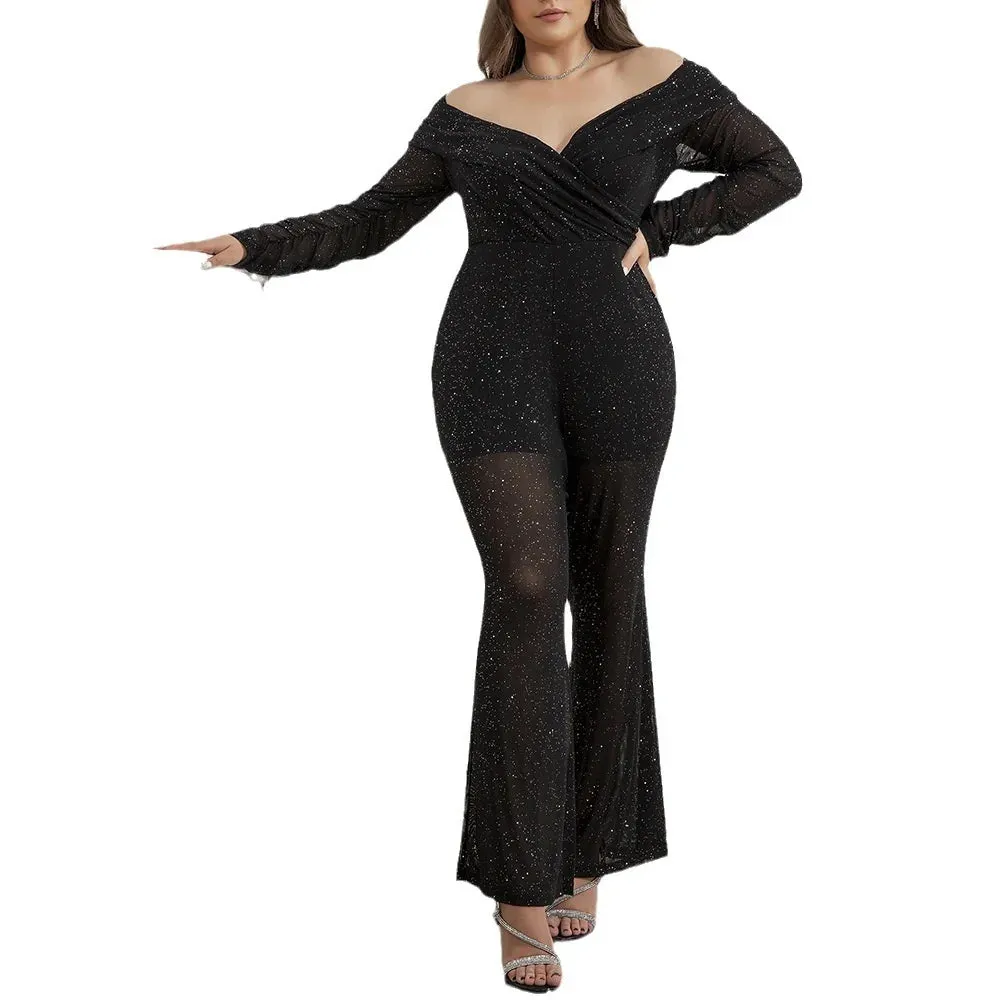 Off Shoulder Mesh Sequin Evening Jumpsuit