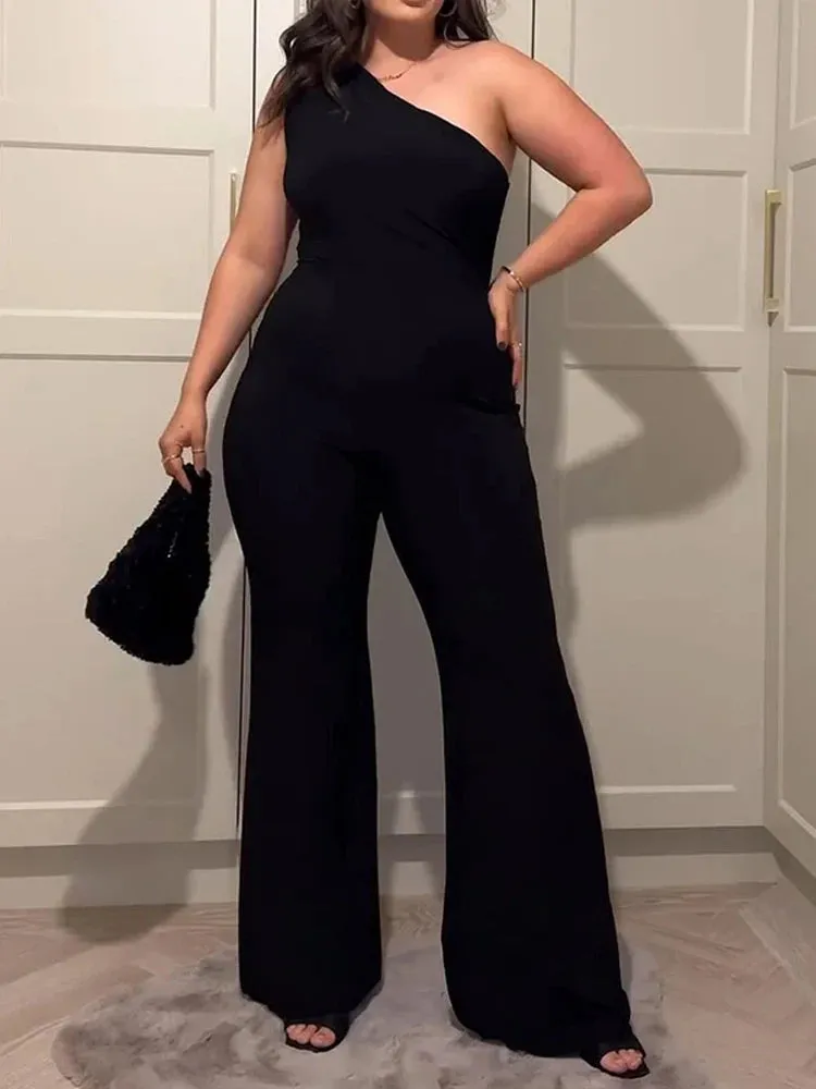 One Shoulder Sleeveless Nipped Waist Flare Leg Jumpsuit