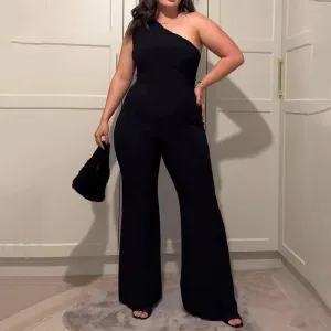 One Shoulder Sleeveless Nipped Waist Flare Leg Jumpsuit