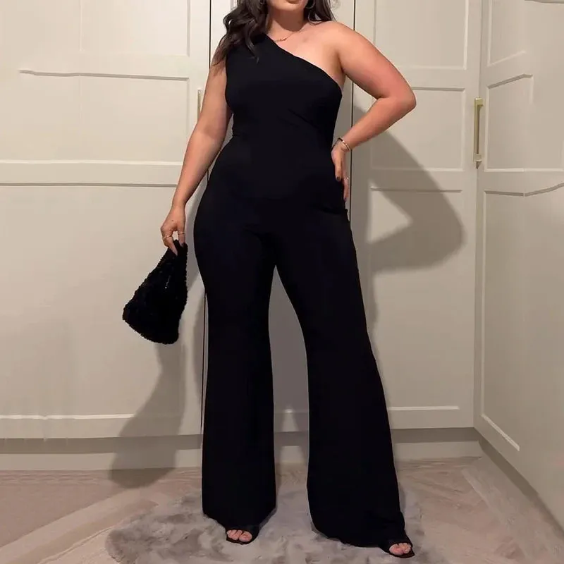 One Shoulder Sleeveless Nipped Waist Flare Leg Jumpsuit