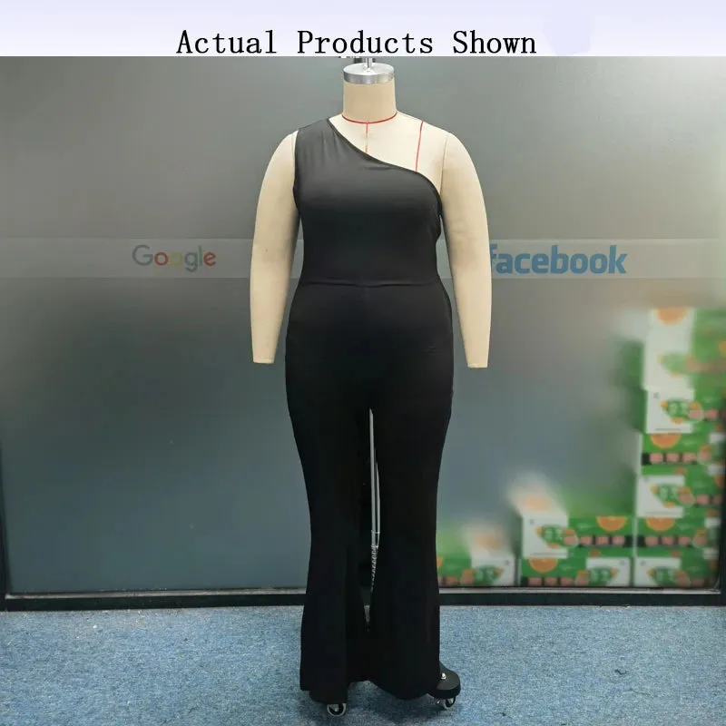 One Shoulder Sleeveless Nipped Waist Flare Leg Jumpsuit