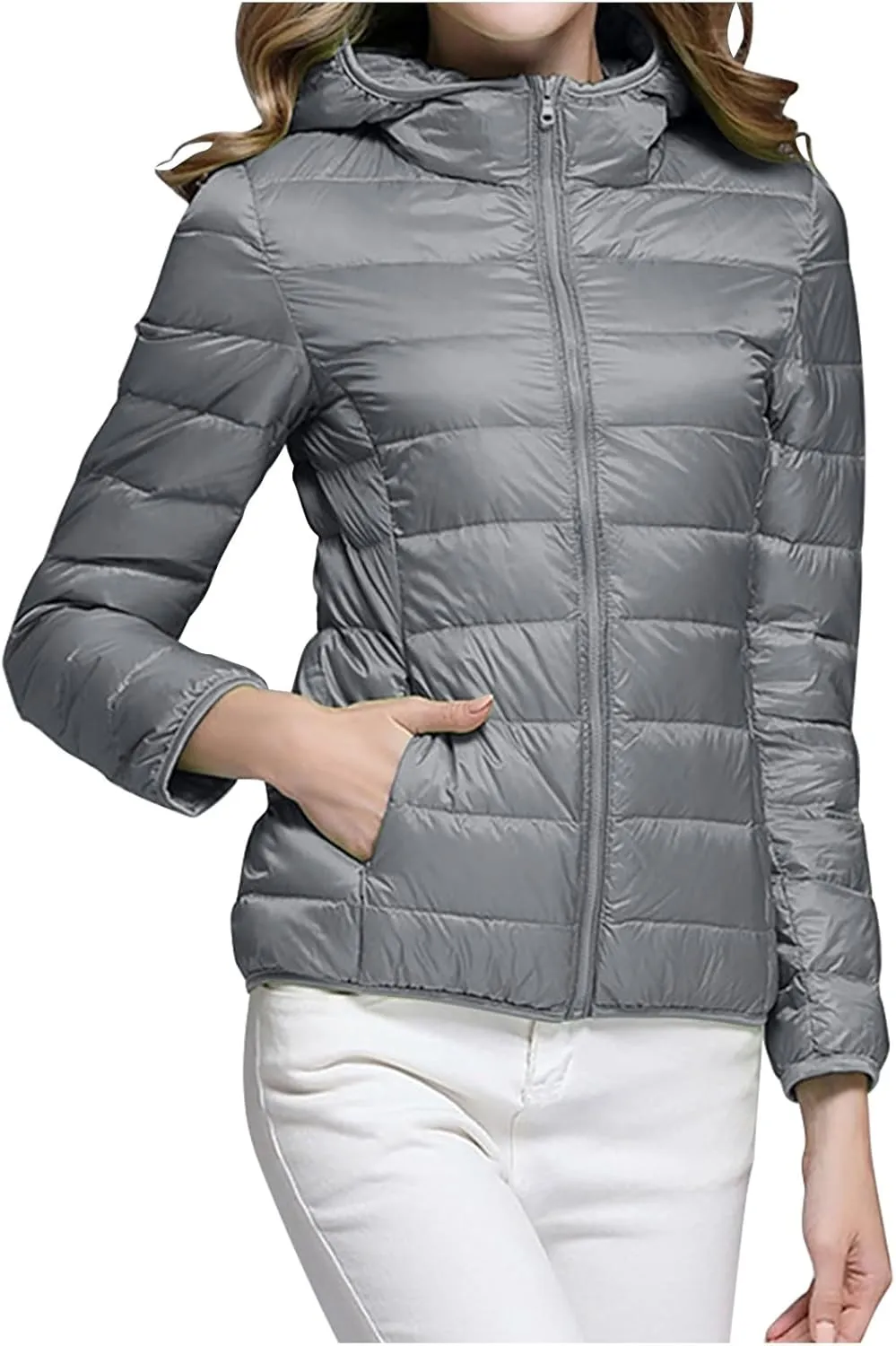 Oplxuo Womens Zip Up Puffer Jacket with Hood Lightweight Packable Quilted Down Coat Winter Padded Puffer Jackets Outerwear