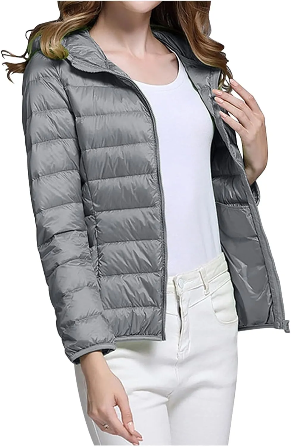 Oplxuo Womens Zip Up Puffer Jacket with Hood Lightweight Packable Quilted Down Coat Winter Padded Puffer Jackets Outerwear