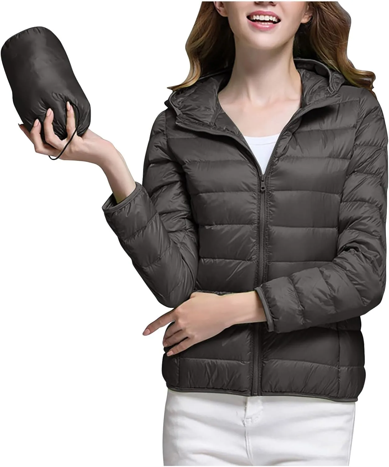 Oplxuo Womens Zip Up Puffer Jacket with Hood Lightweight Packable Quilted Down Coat Winter Padded Puffer Jackets Outerwear