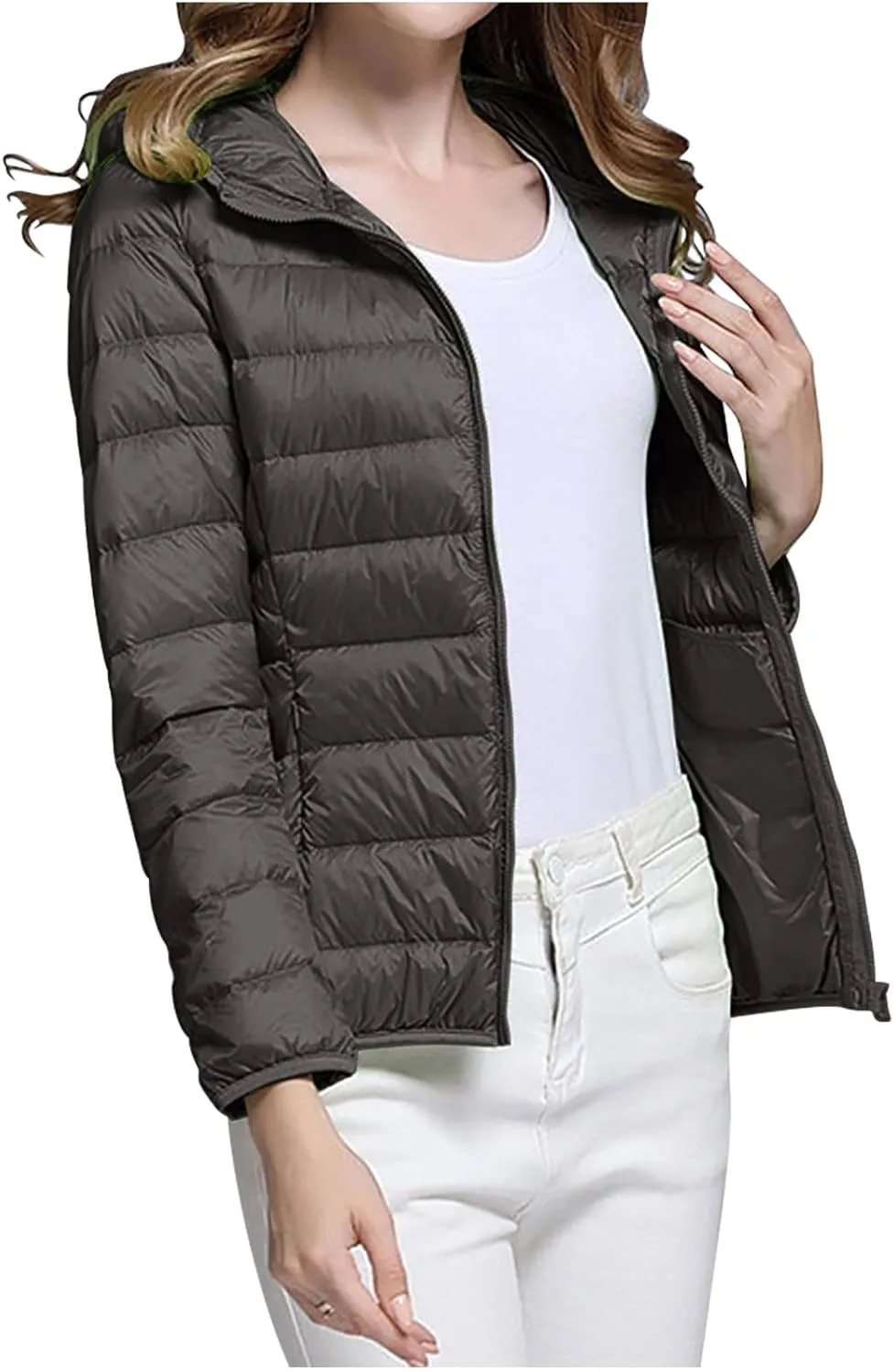 Oplxuo Womens Zip Up Puffer Jacket with Hood Lightweight Packable Quilted Down Coat Winter Padded Puffer Jackets Outerwear