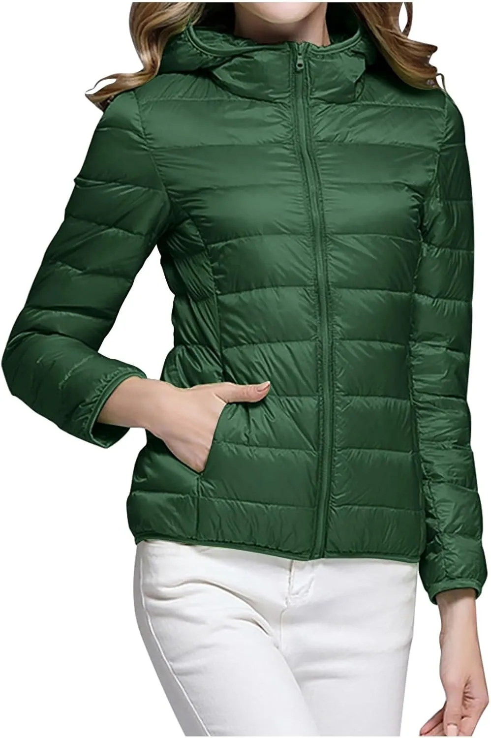 Oplxuo Womens Zip Up Puffer Jacket with Hood Lightweight Packable Quilted Down Coat Winter Padded Puffer Jackets Outerwear