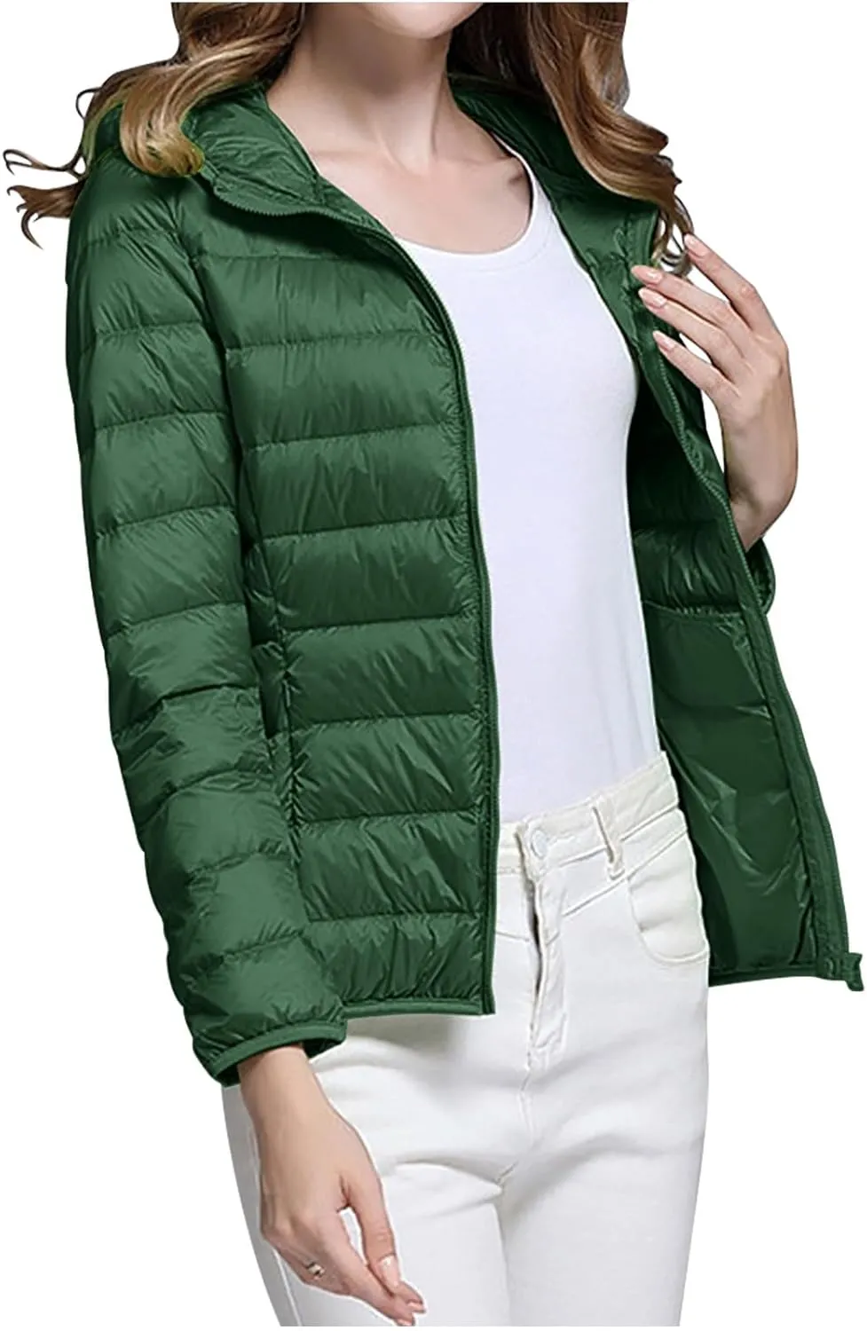 Oplxuo Womens Zip Up Puffer Jacket with Hood Lightweight Packable Quilted Down Coat Winter Padded Puffer Jackets Outerwear