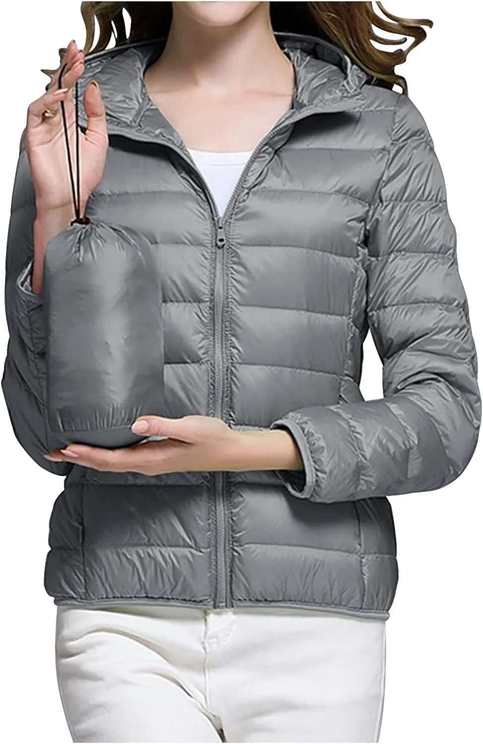 Oplxuo Womens Zip Up Puffer Jacket with Hood Lightweight Packable Quilted Down Coat Winter Padded Puffer Jackets Outerwear