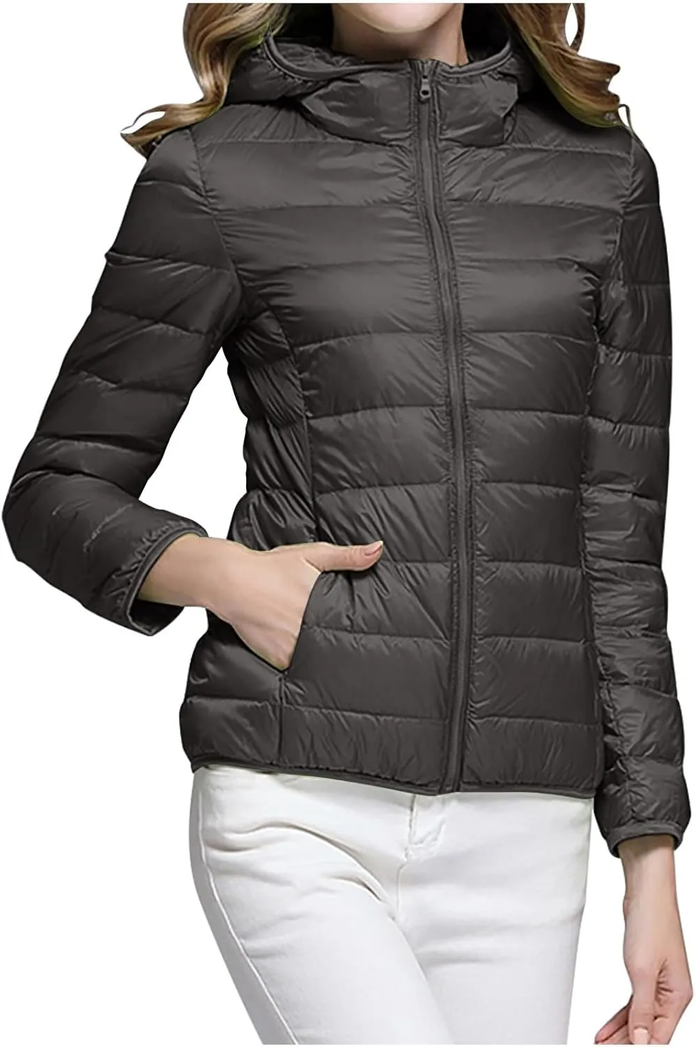 Oplxuo Womens Zip Up Puffer Jacket with Hood Lightweight Packable Quilted Down Coat Winter Padded Puffer Jackets Outerwear
