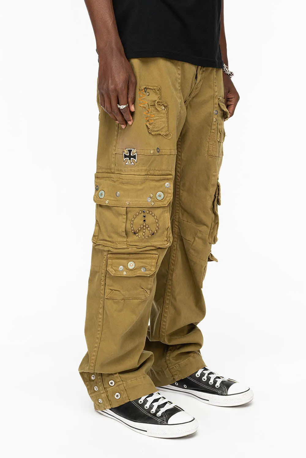 ORIGINAL ROBIN’S JEAN CALL OF DUTY CARGO PANTS IN AVOCADO COLOR WITH ROCK N ROLL PATCH