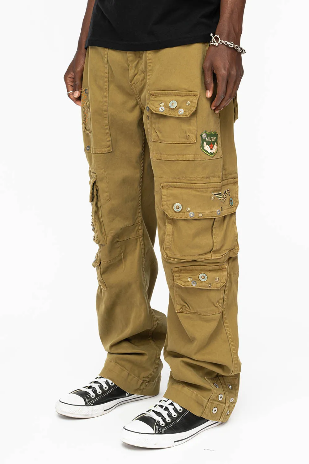 ORIGINAL ROBIN’S JEAN CALL OF DUTY CARGO PANTS IN AVOCADO COLOR WITH ROCK N ROLL PATCH
