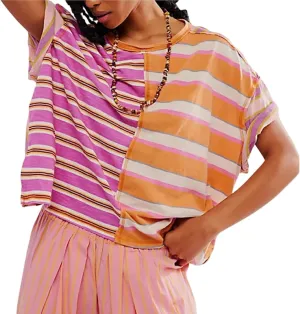 Oversized Striped T Shirt for Women Crewneck Short Sleeve Color Block Basic Tees Summer Y2K Loose Fit Drop Shoulder Tops