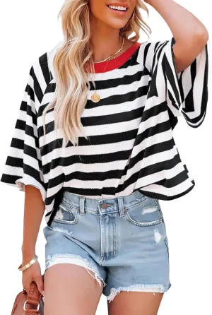 Oversized Striped T Shirt for Women Crewneck Short Sleeve Color Block Basic Tees Summer Y2K Loose Fit Drop Shoulder Tops