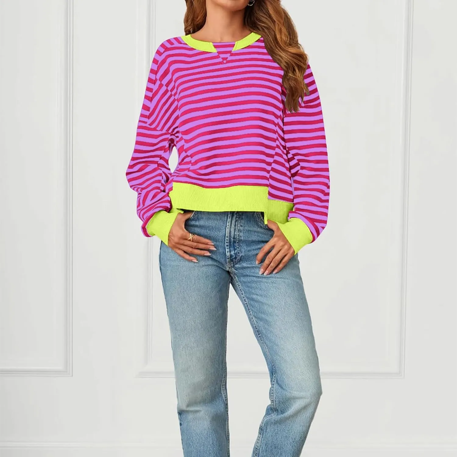 Oversized Sweatshirt for Women Striped Color Block Cropped Sweatshirts Crewneck Long Sleeve Sweater Y2K Shirt Tops