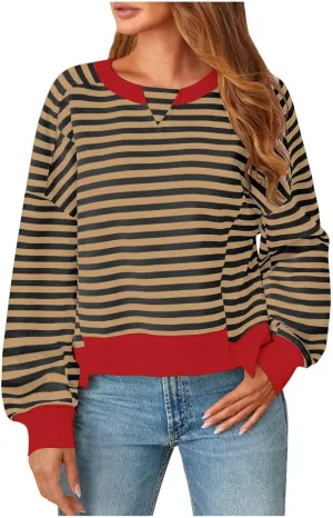 Oversized Sweatshirt for Women Striped Color Block Cropped Sweatshirts Crewneck Long Sleeve Sweater Y2K Shirt Tops