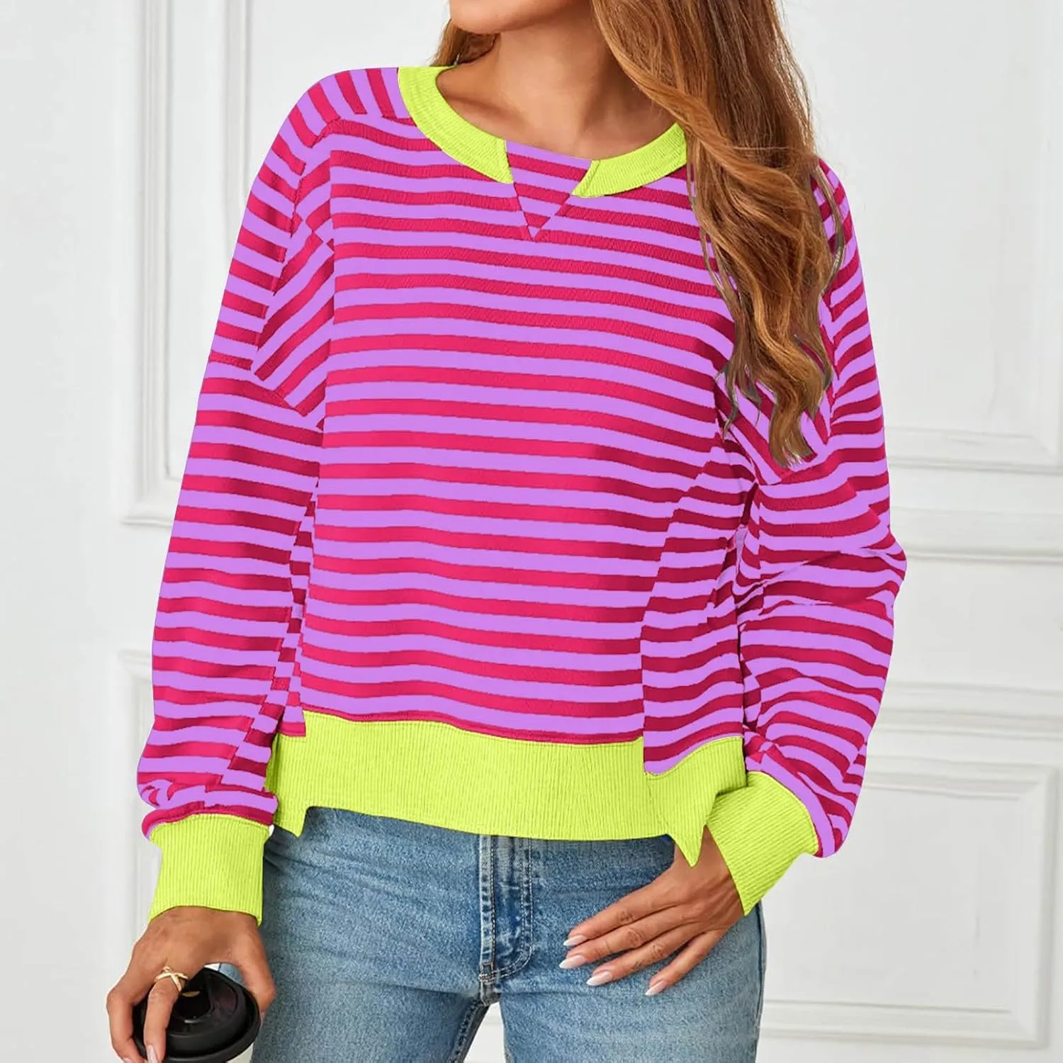 Oversized Sweatshirt for Women Striped Color Block Cropped Sweatshirts Crewneck Long Sleeve Sweater Y2K Shirt Tops