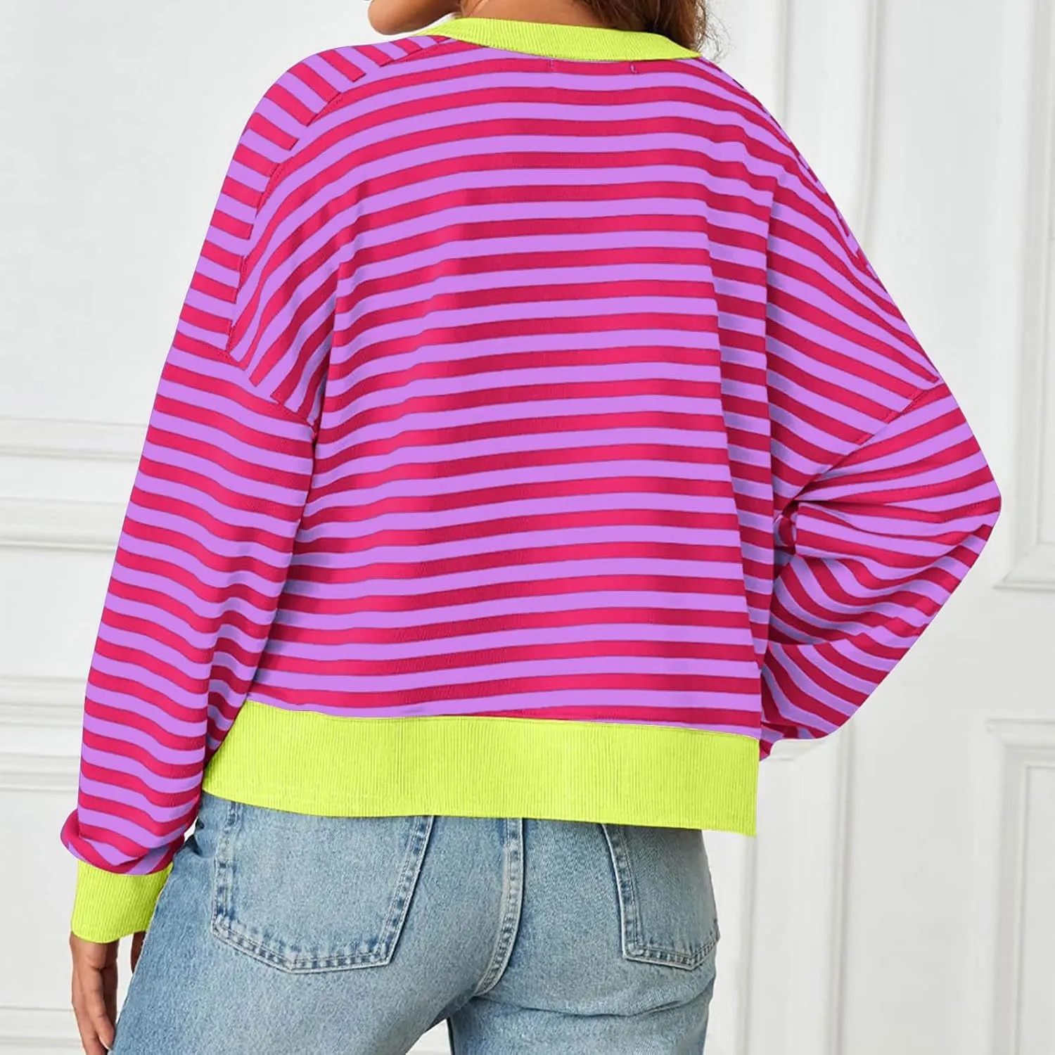 Oversized Sweatshirt for Women Striped Color Block Cropped Sweatshirts Crewneck Long Sleeve Sweater Y2K Shirt Tops